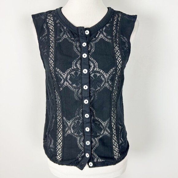 Free People Black Lace Sheer Button Front Sleeveless Top Size Large Women's - Picture 1 of 5